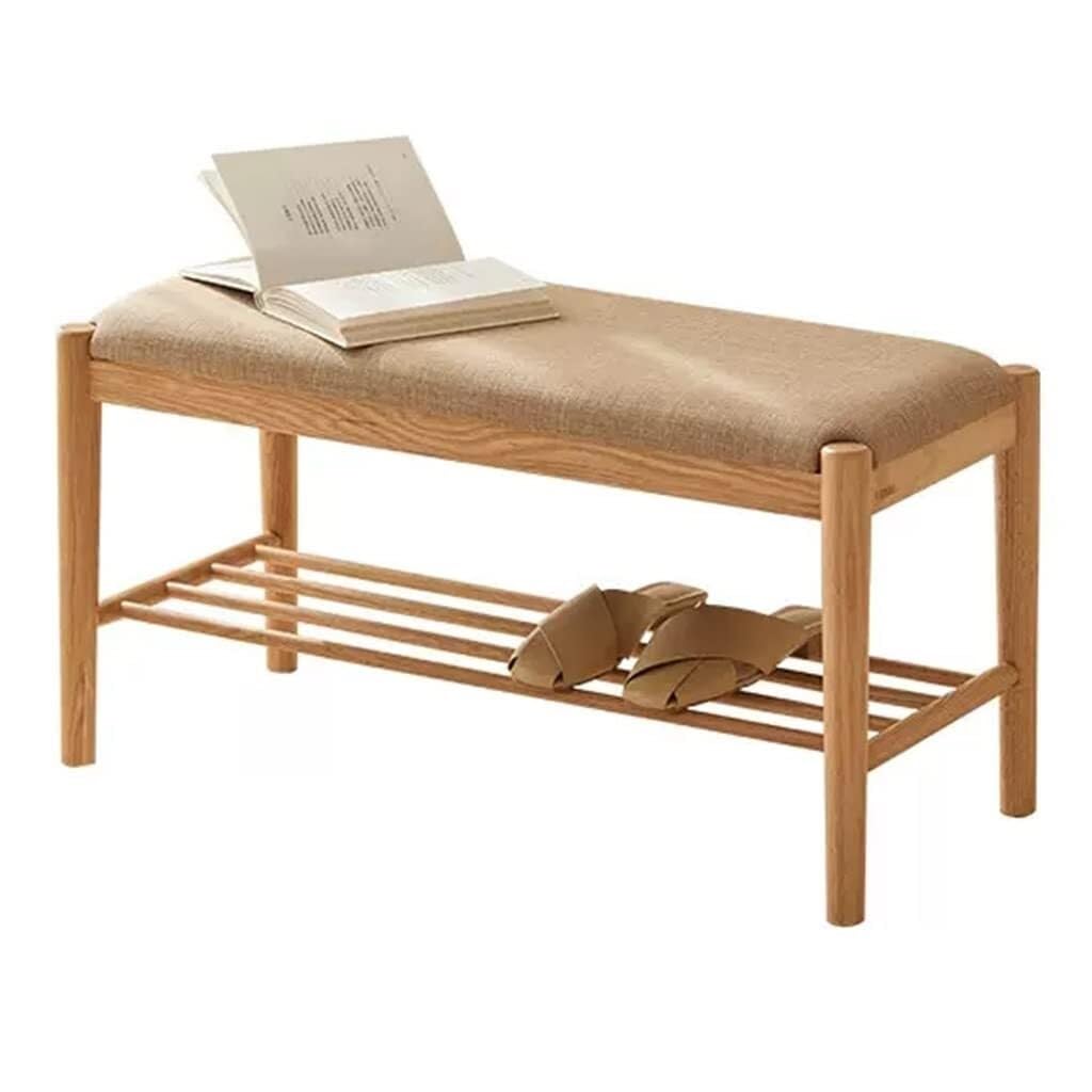 Scarpiera in legno di quercia massello con sedile imbottito - Scarpiera compatta e ripiano portaoggetti - Organizer per impieghi gravosi per ingresso - Finitura naturale (60 cm)