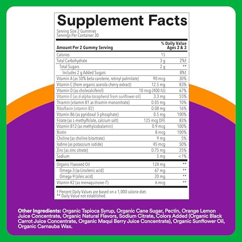 SmartyPants Toddler Organic Multi & Omegas Multivitamin Gummies with Omega 3 ALA, Vitamins D3, C, B12, B6, A, K, Zinc, Biotin, Clean Label, Mixed Berry and Cherry Flavors, 60 Gummies (30 Day Supply) - image 8
