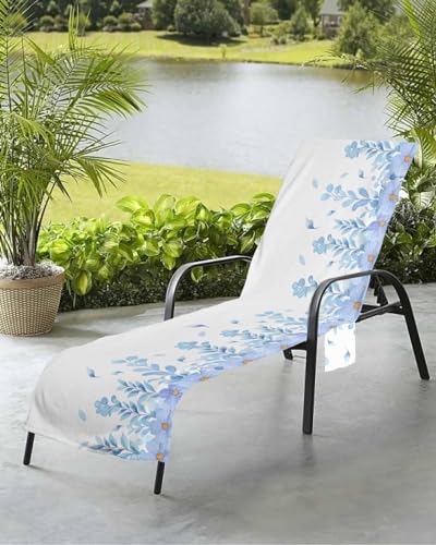 Blue Flower Leaves Beach Chair Towel Covers for Chaise Lounge with Side Pocket, Soft Plush Pool Towels Cover for Patio Sunbathing Outdoor 29''x85'' Spring Garden Herbs Pastel Plant