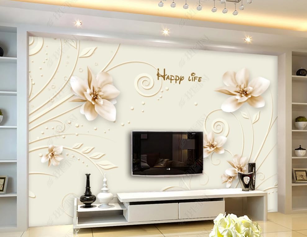 Papier peint intissé blanc motif floral pour masquer mur salon - 3