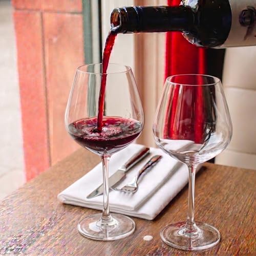 Image of Femora Red & White Wine Glass Set of 2, 450 ml Crystal Clear Long Stem Wine Glasses, Large Bowl Flat Base Glassware for Dining, Parties & Home Bar