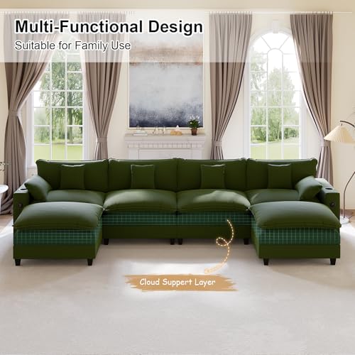 Image of KCGKCG 152 inch Modular Sectional Sofa, U Shaped Cloud Couch with Movable Ottoman, Chenille Deep Seat Cloud Sofa with Charging Station, Cup Holder, Side Pocket, Sectional Couches for Living Room, Green