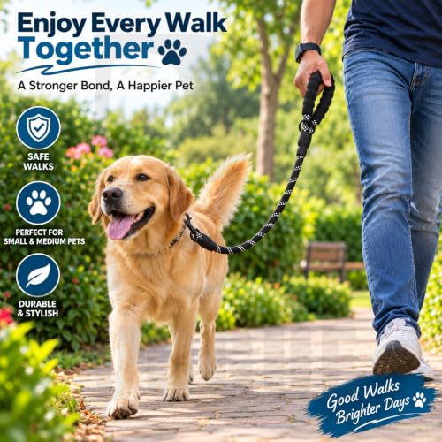Image of PetVogue FT Nylon Rope Dog Leash, Heavy Duty Training & Walking Lead for Small, Medium & Large Dogs, Reflective Pet Walking Cord with Comfortable Padded Handle & Strong Metal Clip (Black)