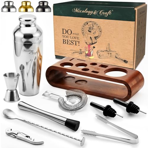 Mixology & Craft Cocktail Shaker Set with Bamboo Stand -