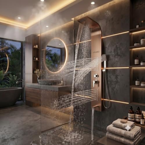 Image of ARAMO Shower Panel - Wave with Waterfall Shower, Massage Jet, 5 Water Functions (Rose Gold)