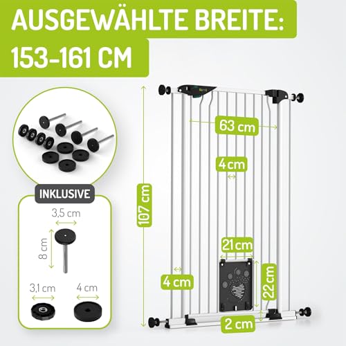 BOMI Tierschutzgitter Mira | Türschutzgitter mit Katzenklappe | Ideales Absperrgitter Hund, Katzengitter Tür & Welpen Zubehör | Hundegitter Wohnung weiß Metall | Breite: 153-161 cm