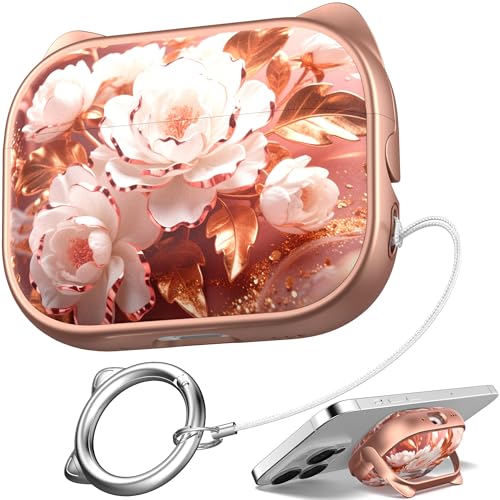 Image of for AirPods Pro 2 Case with Cleaning Kit, Cute Cat Ear Print Design & Cute Buckle for Girls, Phone Holder & Top Safe Lock Buckle Design for AirPods Pro 2nd /1st Gen case, Rose Gold Peony