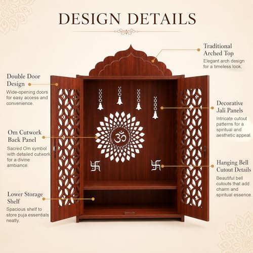 Image of The Castle Decor Wooden Mandir for Home, Premium MDF Home Temple with Double Doors for Pooja Room, Wall Hanging & Tabletop Temple, Matte Finish, 16.5 x 24.5 x 10.5 Inch