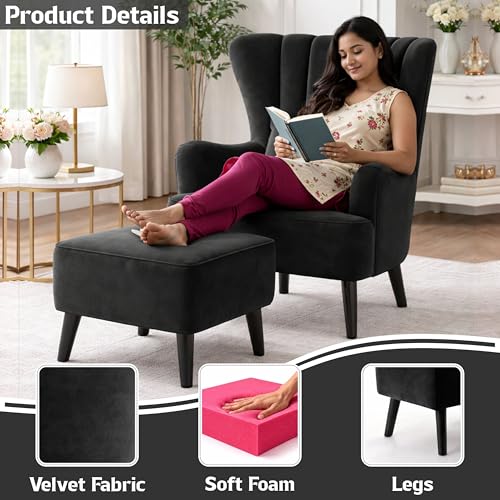 Image of Modern Velvet Wingback Accent Chair with Ottoman & Cushion for Living Room | Premium Upholstered Lounge Chair with Footrest |Black