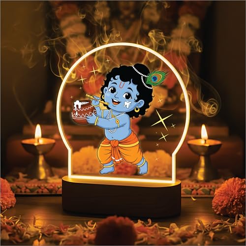 Image of Giftplease Bal Krishna LED Night Light - Warm Glow Makhan Chor Decorative Table Lamp for Pooja Room, Kids Bedroom & Office - Divine Devotional Gift for Janmashtami & Housewarming GL 07