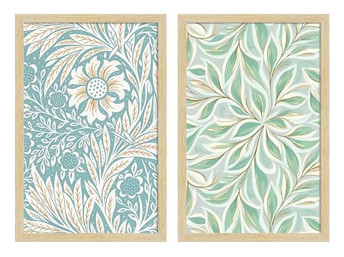 Image of ArtX Paper Floral Art Paintings with Frame for Home Decor, Madhubani Wall Paintings for Living Room, Multicolor, Natural Wood Color Frames, Set of 2
