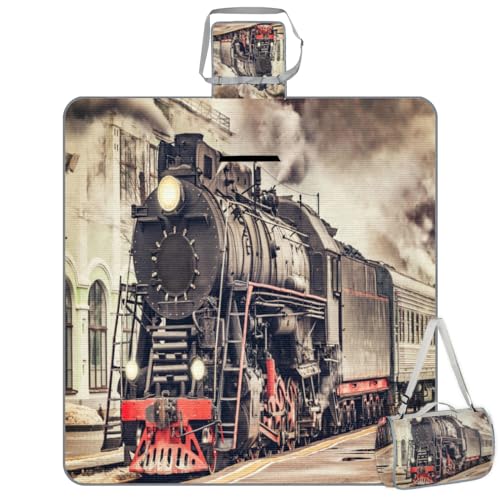 Shimoshe Picnic Blankets 57”x 59”, Vintage Express Steam Train Waterproof Sandproof Picnic Mat Lightweight Foldable Beach Blanket for Camping Park Grass Beach Outdoor Blanket