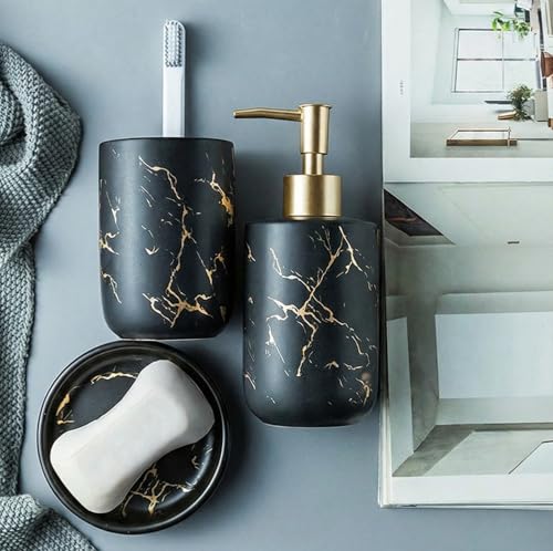 Image of Ceramic Bath Accessories Set of 3 (Luxe Black) - 400ml Soap Dispenser, Tumbler & Soap Dish, Black with Gold Marble Design, Bathroom Countertop Organizer for washbasin