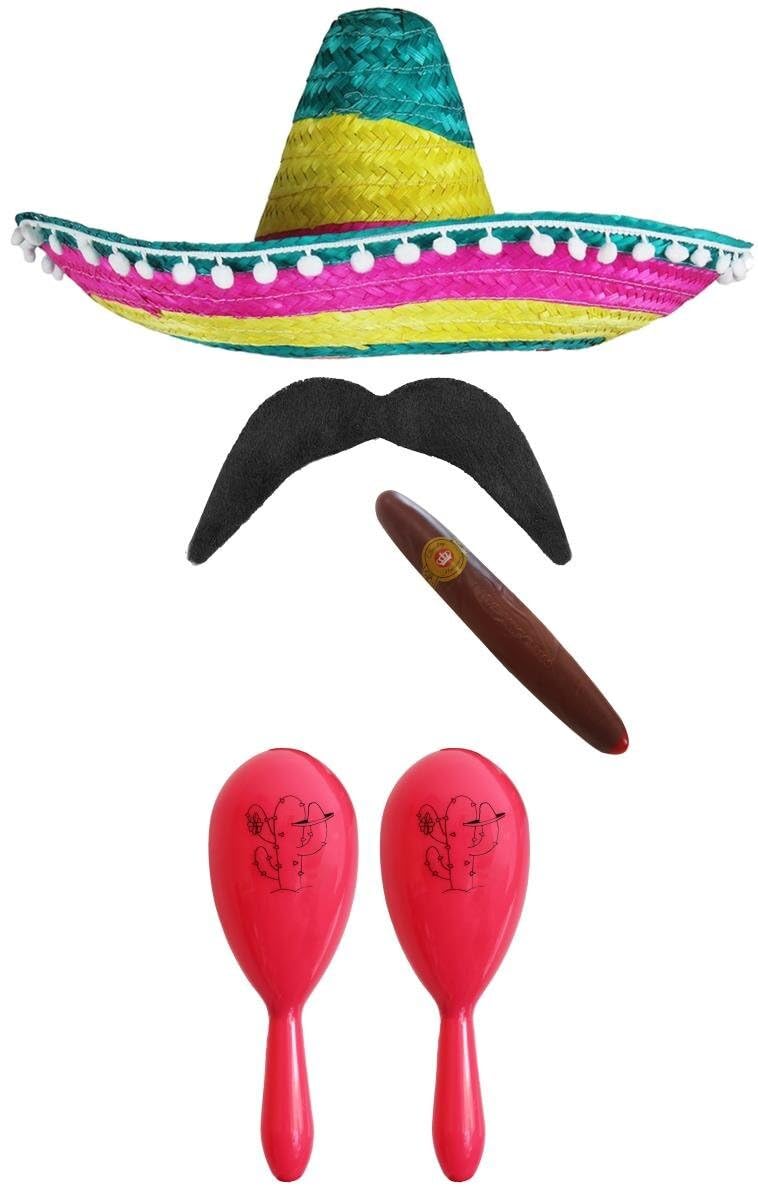 Adults Mexican Accessory Set - Multicoloured Sombrero, Pink Maracas, Fake Cigar, Moustache - Cinco de Mayo Sensorita Bandit Mariachi Fancy Dress Costume Accessory Set