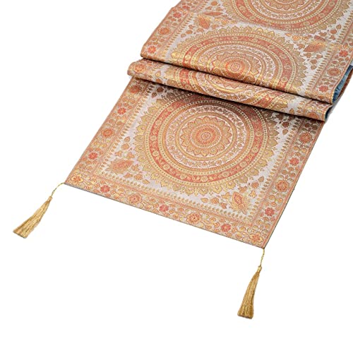 Image of Diwali Decor Brocade Jacquard Silk Table Runner Long Runner for Dinning & Centre Table Mandala Print 72 x 16 Inches (Grey)