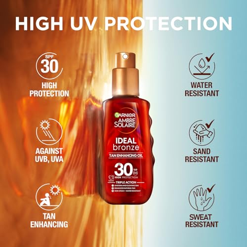 Garnier Ambre Solaire Ideal Bronze Protective Oil Sun Cream Spray SPF30, High Sun Protection Factor 30, Shea Butter, Water Resistant & Non Greasy Sunscreen, UVA & UVB Protection, 150ml - Image 4