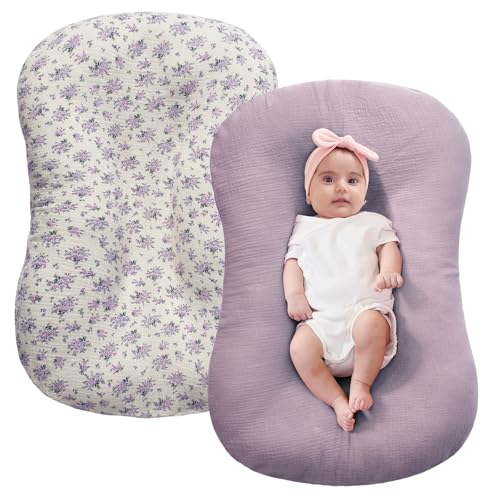 Image of FUNUPUP Muslin Baby Lounger Cover Only, Purple & Purple Floral | 100% Muslin Cotton Soft Breathable Easy On /Off Envelope Closure Machine Washable Easy-Clean Protector Neutral Colors