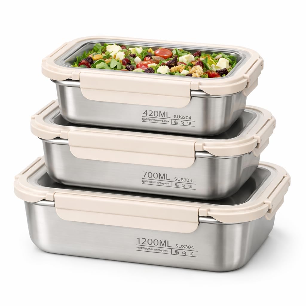 3Pack Stainless Steel Food Storage Containers With Lids, Airtight Metal Food Container, Stackable Meal Prep Containers, Leakproof Metal Lunch Box for School Office (420ml+700ml+1200ml , Millilitres)