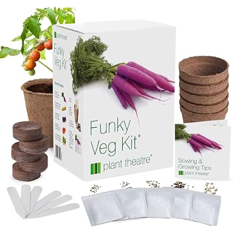 Plant Theatre Funky Vegetable Seeds for Planting - Complete Kit for Veg Garden with 5 Sachets of Veg Seeds, Pots, & Peat - Unique Gardening Gifts for Women and Men Cover