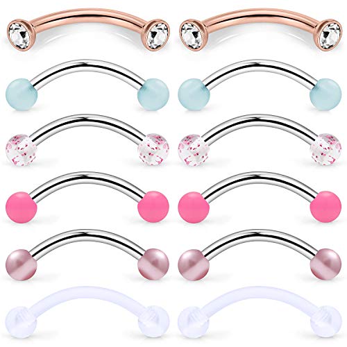 SCERRING 14G Snake Eyes Tongue Ring Stainless Steel Curved Barbell Nipplerings Nipple Rings Body Piercing Jewelry Retainer Clear CZ Acrylic Balls 16mm 6 Pairs Pink