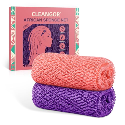 Cleangor 2er Pack Afrikanischer Netzschwamm Mit Knoten African Net Sponge Sanftes Peeling Schwamm für Alle Hauttypen 106cm Lang Rückenschrubber für Dusche und SPA (Pink & Purple)