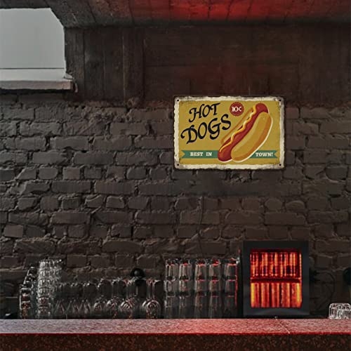 SUPERDANT Hot Dogs Best In Town Blechschild Fast Food Blechschild Vintage Deko Metallschilder Blech Lustige Retro Deko Malerei Eisendekor Für Fast Food Festaurant Outdoor Holzzaun Dekoration