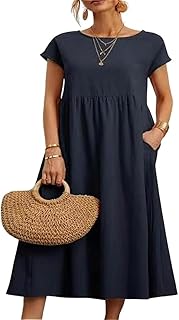 Linen Dress for Women Summer Trendy Short Sleeve Crewneck Maxi Dress Cotton Beach Dress with Pockets S-XXL - Buy now
