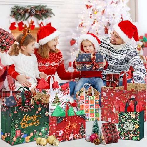 AhfuLife 12Pcs Christmas Bags with Tissue Paper, Reusable Christmas Tote Bags with Handles, Includes 4 Extra Large 15.7" - Image 4