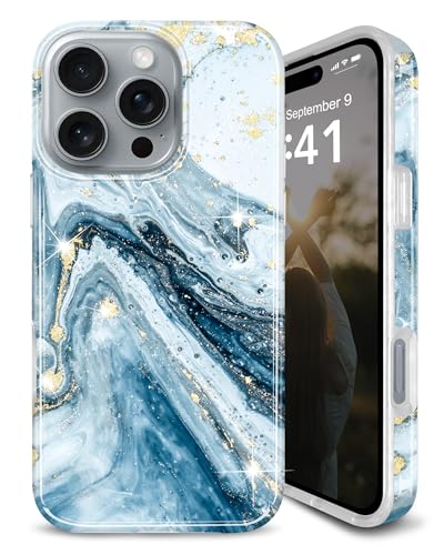 Coque iPhone 16 Pro protection souple marbre bleu paillettes TPU