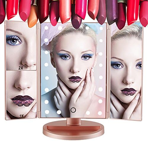 Homeled Tri-Fold Led Vanity Travel Mirror Stand with 21 Pcs Lights / 1X/2X/3X Magnifying Lighted Makeup Mirror / Countertop Bathroom Mirror with 180 Degree Free Rotation (Rose Gold)