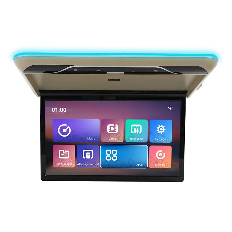 22" Wide IPS Screen Video Android Car Overhead Player Car Roof Mount Monitor with Built-in Stereo Speakers Flip Down Overhead Car Monitor Support Bluetooth WiFi HDMI USB NO DVD（Beige）