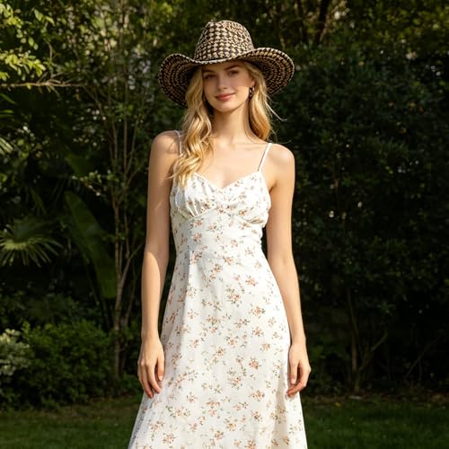 Image of Men's Cowboy Hats Summer Women Beach Cowgirl Hat Raffia Unisex Western Sun Hat