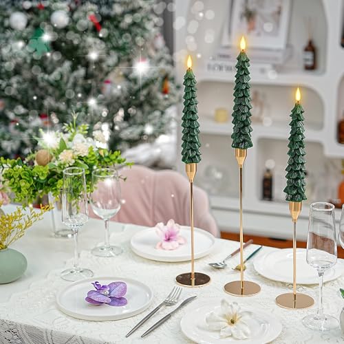 Image of 3 Flame Free Cone Candles with Remote Control, Real Wax LED Battery Powered Candle Warm 3D Wick New Year Decoration (Green, 0.8 X 10 inches)