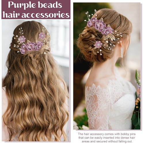 4 Pieces Durable Hair Comb Wedding Bridesmaids Wedding Hair Accessories Hair Comb for Bridal Accessories for Bridesmaids or Flower Girls Simple and Generous (Purple) - Image 2