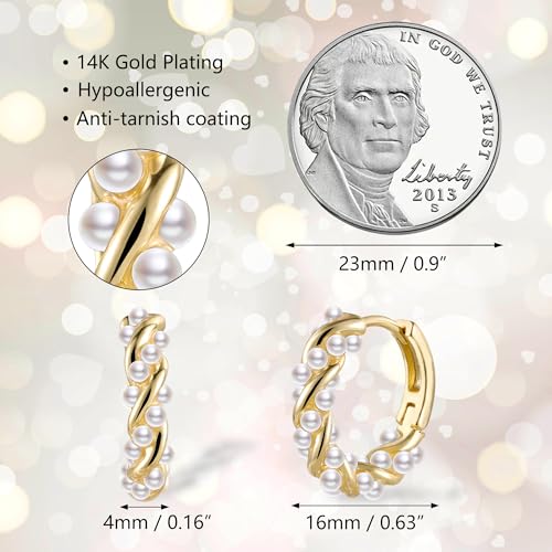 Small Pearl Hoop Earrings for Women, Twisted Huggie Hoop Earrings with Tiny Pearls Chain Link Earing Hypoallergenic Jewelry 16mm4