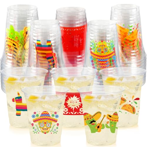 CUPLOOV 50Pcs Fiesta Cups,12OZ Plastic Disposable Clear Mexican Cups with 5 Pattern Designs for Cinco De Mayo Drinkware Party Supplies Taco Birthday Party Decorations