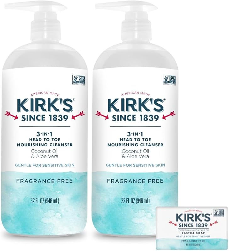 Kirk's Sabonete líquido sem fragrância 3 em 1 para cabelo e corpo, com óleo de coco e aloe vera, 2 unidades de 946 mL