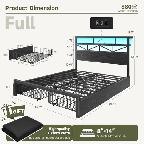 Image of Homkdom Full Size Bed Frame with Large 4 Drawers, 2-Tier Shelf, LED Light and Charging Station, Heavy Duty Platform Bed with 880 lbs Capacity, Easy Assembly, Black