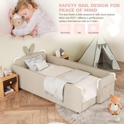 Image of Twin Size Bed Frame for Kids, Upholstered Daybed Frame Floor Bed with Safety Rails and Storage Pocket Cute Rabbit Ear Shaped Headboard for Kids Teens Boys Girls, Camel