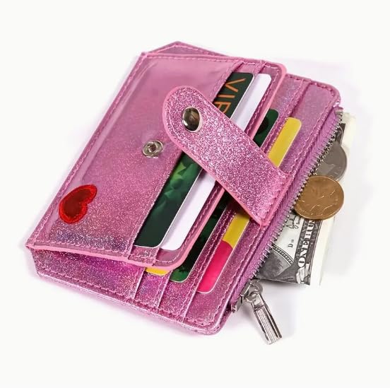 Mothers Day Gifts,Wallet Women,Holographic Glitter Credit Card Holder with Buckle – Pink Synthetic Leather Wallet, Multi-Slot Zippered Coin Purse for Women,Cute Card Wallet (Purple)3
