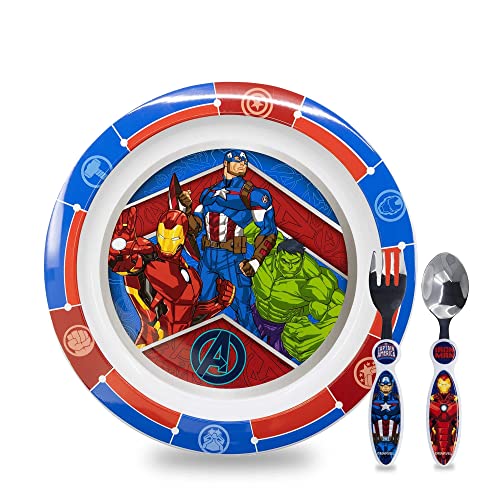 Sorrisini Ensemble de vaisselle pour enfant, Vaisselle réutilisable pour enfants, Set de table pour enfant, assiette et couverts en acier inoxydable, Services pour Enfant, Hulk Superhero