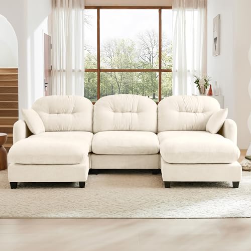 Image of KEIKI 107 inch U-Shaped Oversized Chenille Modular Sectional Sofa with 2 Ottoman, High-Density Foam Cushions, Tufted Pleated Cushion Backrest, Modern 3-Seater Couch with 2 Pillow, for Living Room, Beige