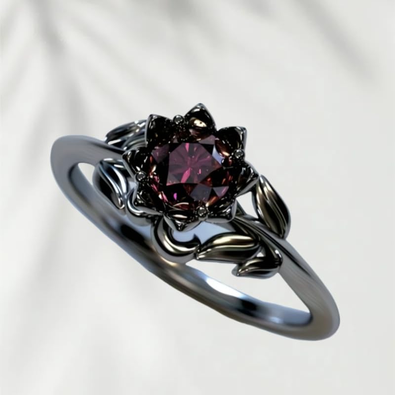 Cubic Zirconia Rings For Women, Gothic Ring Black Flower Crystal Stackable Trendy Floral Eternity Travel Engagement Statement Wedding Birthday Jewelry Gift3