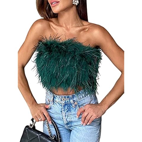 Womens Summer Off Shoulder Back Zipper Feather Bandeau Crop Tops Sexy Slim Fit Fur Trim Tube Top Strapless Sleeveless Cami Vest Tank Tops Y2K Casual Streetwear (Dark Green , S ) Cover