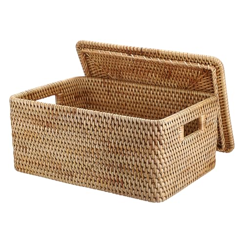 IGNPION Rattan Storage Basket With Lid, Wicker Decorative Storage Basket for Shelves Bathroom Woven Storage Box, Cupboard & Table Multipurpose Storage Bin for Kitchen, Living Room, Office (L)