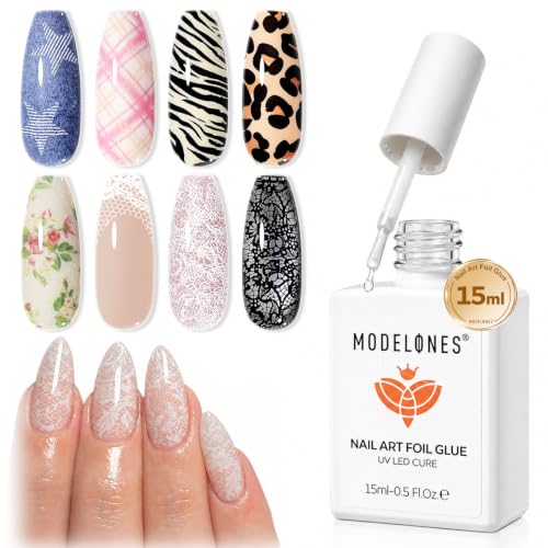 Image of modelones Nail Foil Glue, 15ml Foil Transfer Clear X Gel Polish Strong Adhesive for Tips Press Ons Decals Stickers Nail Art LED Cured Soak Off DIY Salon Manicure Gift