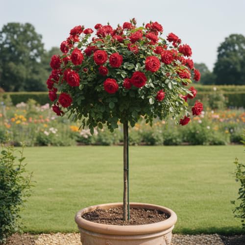 Stammrosen - 120 cm - Geeignet für Töpfe und Freiland - Ideal für Balkon, Terrasse, Kleiner Garten (Scarlet)