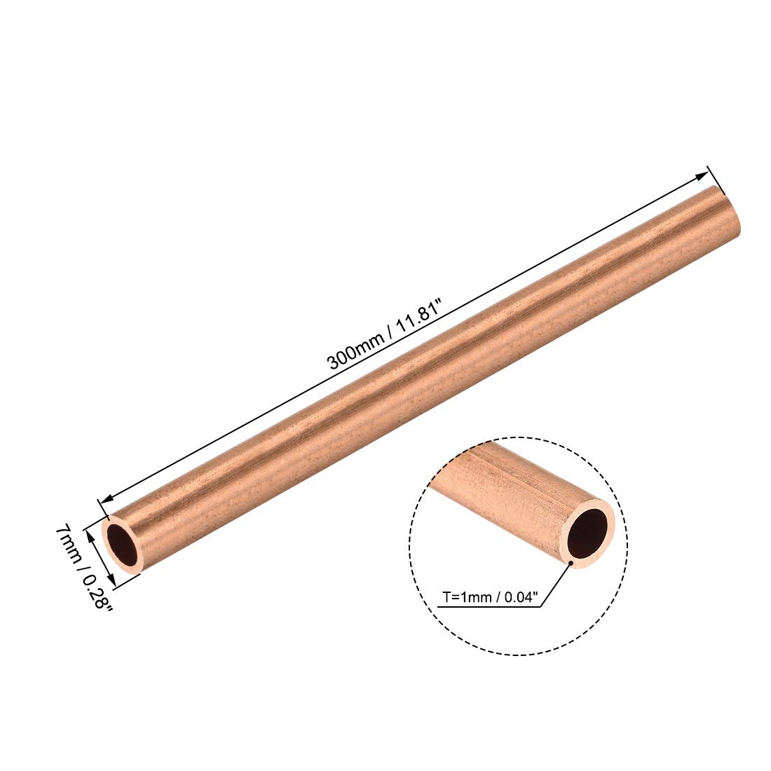 sourcing map Lot de 2 tubes ronds en cuivre, diamètre extérieur de 7 mm, épaisseur de paroi de 1 mm, longueur de 300 mm