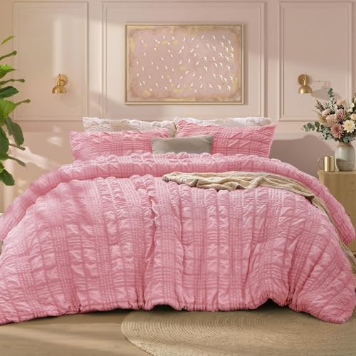 Image of BEDELITE Queen Comforter Set, Seersucker Bedding Set 3 Pieces, Pink | All Season Use, Machine Washable, Soft and Lightweight, Ruched Comforter for Bedroom, Wrinkle-Resistant, Cozy and Stylish
