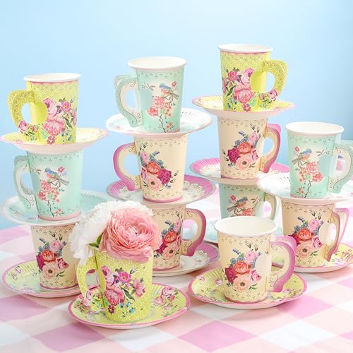 Talking Tables 24 x Tasses et Soucoupes Florales Vintage – Fête des Mères, Vaisselle pour Jardins, Anniversaires, Baby Shower, Mariages, Style Bridgerton